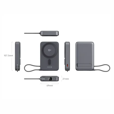 Acumulator extern SWISSTEN MagSafe Qi2 10000 mAh 15W cu cablu USB-C încorporat, negru