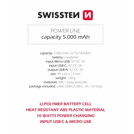 Acumulator extern SWISSTEN POWER LINE 5000 mAh 10W Negru