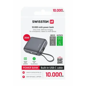 Acumulator extern SWISSTEN SPACE 10000 mAh, 35W cu cablu USB-C încorporat, argintiu