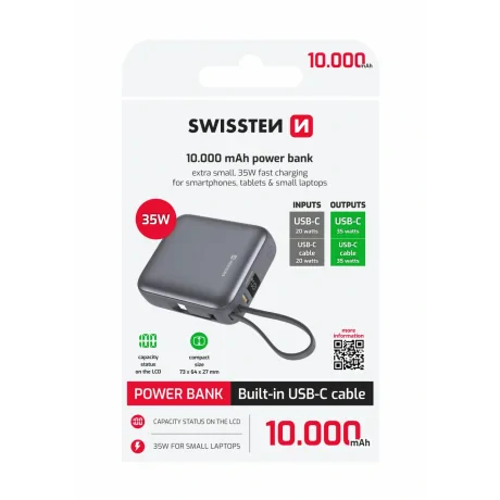 Acumulator extern SWISSTEN SPACE 10000 mAh, 35W cu cablu USB-C încorporat, argintiu