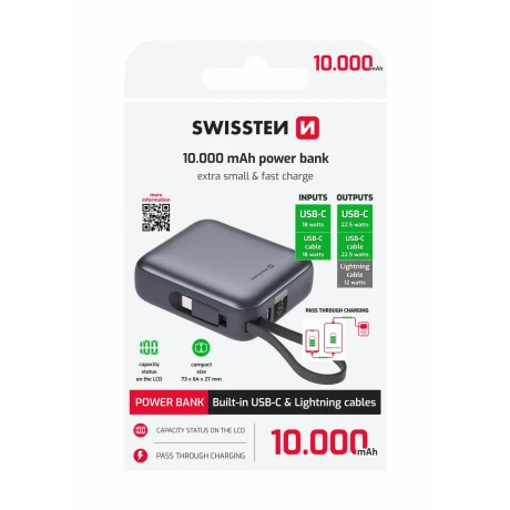Acumulator extern SWISSTEN SPACE 10000 mAh cu cabluri USB-C și Lightning Silver încorporate