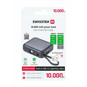 Acumulator extern SWISSTEN SPACE 10000 mAh cu cabluri USB-C și Lightning Silver încorporate