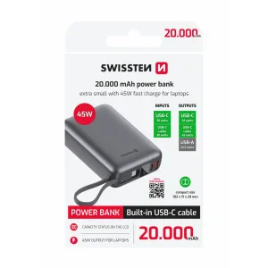 Acumulator extern SWISSTEN SPACE 20000 mAh 45W cu cablu USB-C încorporat, argintiu