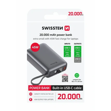 Acumulator extern SWISSTEN SPACE 20000 mAh 45W cu cablu USB-C încorporat, argintiu