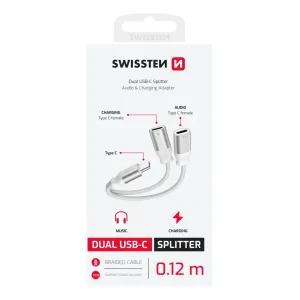 ADAPTOR AUDIO ÎNCĂRCARE AUDIO SWISSTEN TEXTILE USB-C (mascul) / 2x USB-C (femelă) 0.12 M ALB