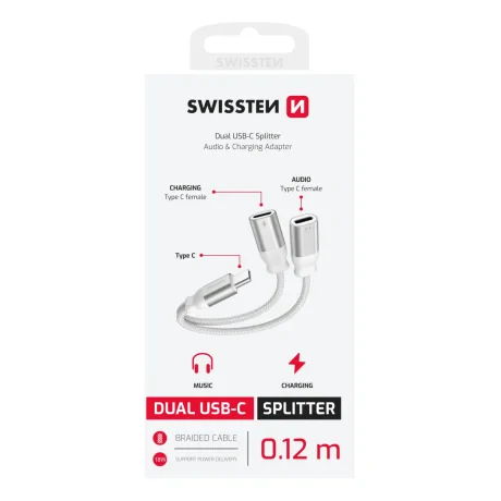 ADAPTOR AUDIO ÎNCĂRCARE AUDIO SWISSTEN TEXTILE USB-C (mascul) / 2x USB-C (femelă) 0.12 M ALB