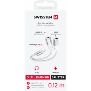 ADAPTOR AUDIO ÎNCĂRCARE SWISSTEN TEXTILE LIGHTNING (mascul) / 2x LIGHTNING (femelă) 0.12 M ALB