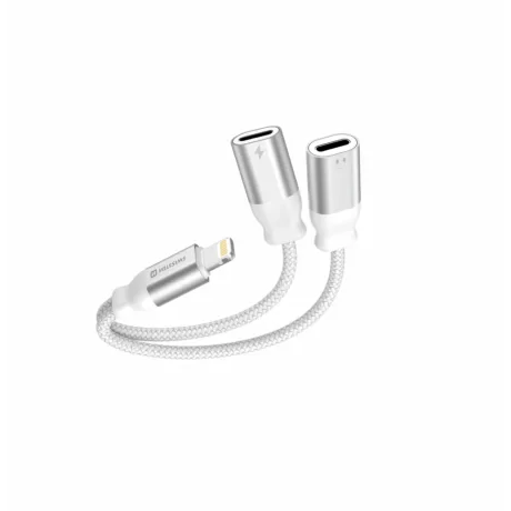 ADAPTOR AUDIO ÎNCĂRCARE SWISSTEN TEXTILE LIGHTNING (mascul) / 2x LIGHTNING (femelă) 0.12 M ALB