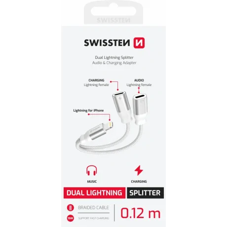 ADAPTOR AUDIO ÎNCĂRCARE SWISSTEN TEXTILE LIGHTNING (mascul) / 2x LIGHTNING (femelă) 0.12 M ALB