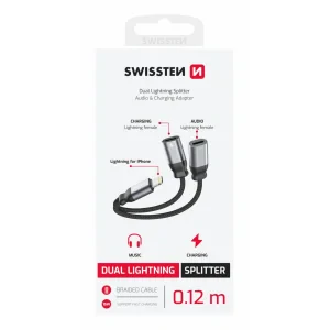 ADAPTOR AUDIO ÎNCĂRCARE SWISSTEN TEXTILE LIGHTNING (mascul) / 2x LIGHTNING (femelă) 0.12 M NEGRU