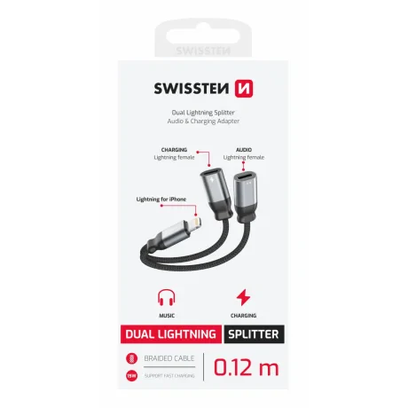 ADAPTOR AUDIO ÎNCĂRCARE SWISSTEN TEXTILE LIGHTNING (mascul) / 2x LIGHTNING (femelă) 0.12 M NEGRU