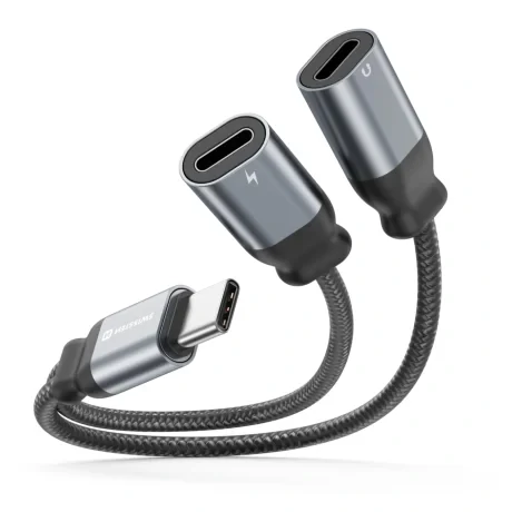 ADAPTOR AUDIO ÎNCĂRCARE SWISSTEN TEXTILE USB-C (mascul) / 2x USB-C (femelă) 0.12 M NEGRU