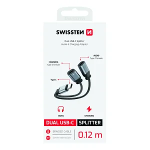 ADAPTOR AUDIO ÎNCĂRCARE SWISSTEN TEXTILE USB-C (mascul) / 2x USB-C (femelă) 0.12 M NEGRU
