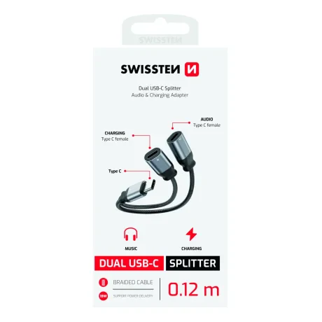ADAPTOR AUDIO ÎNCĂRCARE SWISSTEN TEXTILE USB-C (mascul) / 2x USB-C (femelă) 0.12 M NEGRU