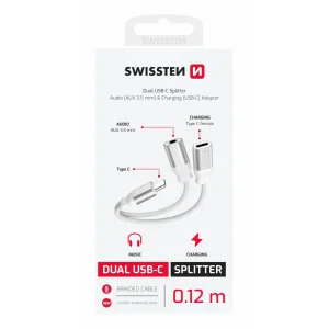 ADAPTOR AUDIO ÎNCĂRCARE SWISSTEN TEXTILE USB-C (mascul) / USB-C (femelă) și AUX 3.5mm 0.12 M ALB