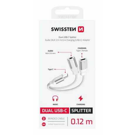ADAPTOR AUDIO ÎNCĂRCARE SWISSTEN TEXTILE USB-C (mascul) / USB-C (femelă) și AUX 3.5mm 0.12 M ALB