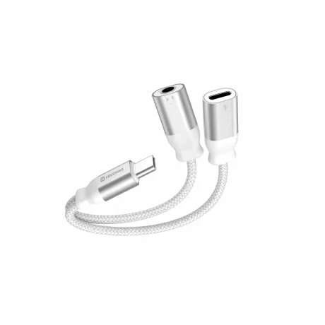 ADAPTOR AUDIO ÎNCĂRCARE SWISSTEN TEXTILE USB-C (mascul) / USB-C (femelă) și AUX 3.5mm 0.12 M ALB