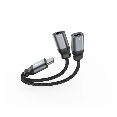 ADAPTOR AUDIO ÎNCĂRCARE SWISSTEN TEXTILE USB-C (mascul) / USB-C (femelă) și AUX 3.5mm 0.12 M NEGRU