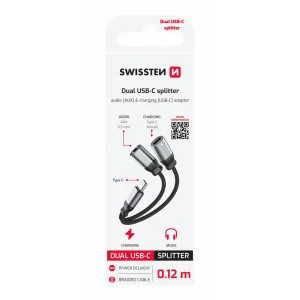 ADAPTOR AUDIO ÎNCĂRCARE SWISSTEN TEXTILE USB-C (mascul) / USB-C (femelă) și AUX 3.5mm 0.12 M NEGRU