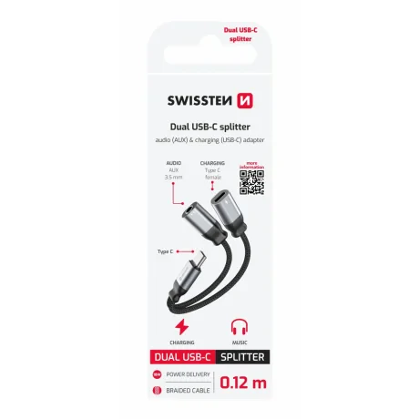 ADAPTOR AUDIO ÎNCĂRCARE SWISSTEN TEXTILE USB-C (mascul) / USB-C (femelă) și AUX 3.5mm 0.12 M NEGRU