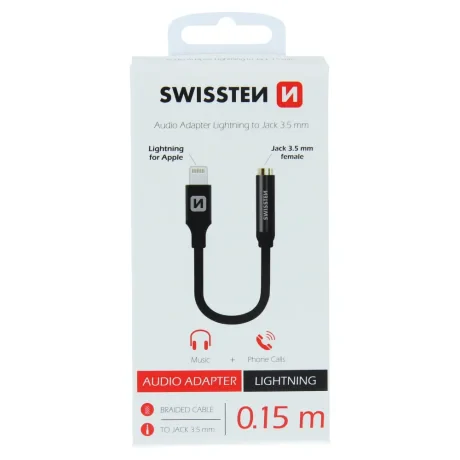 ADAPTOR AUDIO SWISSTEN TEXTILE LIGHTNING / JACK 0.15 M NEGRU
