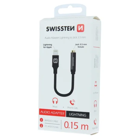 ADAPTOR AUDIO SWISSTEN TEXTILE LIGHTNING / JACK 0.15 M NEGRU