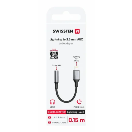 ADAPTOR AUDIO SWISSTEN TEXTILE LIGHTNING (mascul) / AUX 3.5mm 0.15 M NEGRU