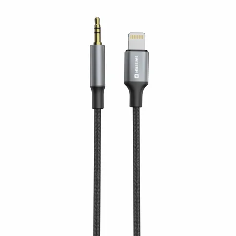 ADAPTOR AUDIO SWISSTEN TEXTILE LIGHTNING (mascul) / MUFĂ 3.5 mm (mascul) 1.5 M NEGRU