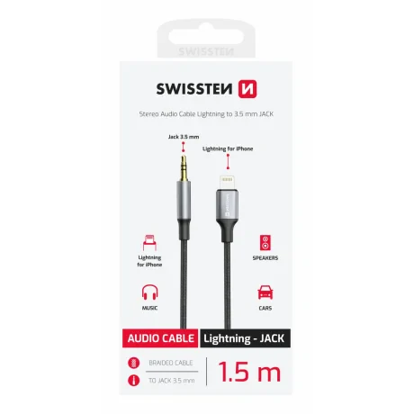 ADAPTOR AUDIO SWISSTEN TEXTILE LIGHTNING (mascul) / MUFĂ 3.5 mm (mascul) 1.5 M NEGRU