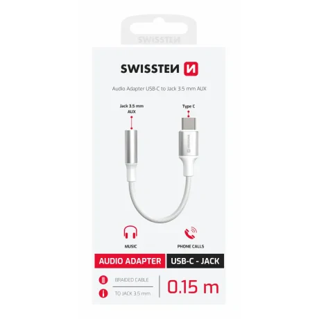 ADAPTOR AUDIO SWISSTEN TEXTILE USB-C (mascul) / AUX 3.5mm 0.15 M ALB