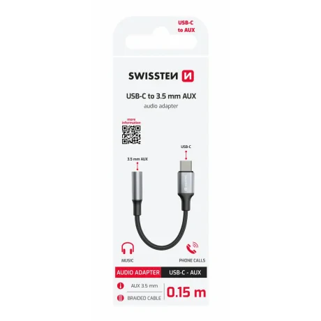 ADAPTOR AUDIO SWISSTEN TEXTILE USB-C (mascul) / AUX 3.5mm 0.15 M NEGRU
