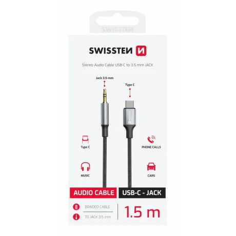 ADAPTOR AUDIO SWISSTEN TEXTILE USB-C (mascul) / MUFĂ 3.5mm (mascul) 1.5M NEGRU