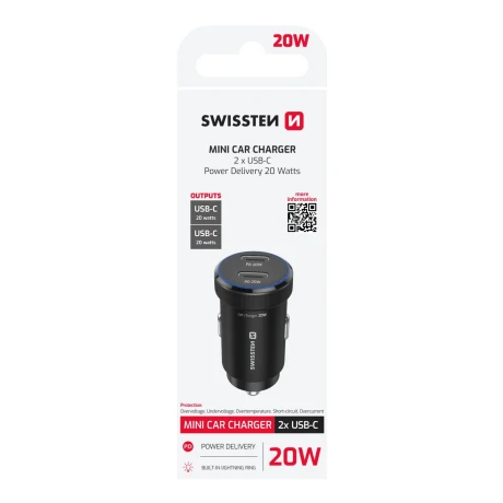 ADAPTOR AUTO SWISSTEN 2x USB-C PD, 20W NEGRU