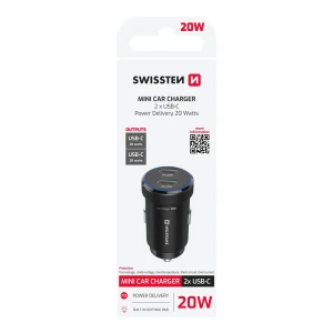 ADAPTOR AUTO SWISSTEN 2x USB-C PD, 20W NEGRU