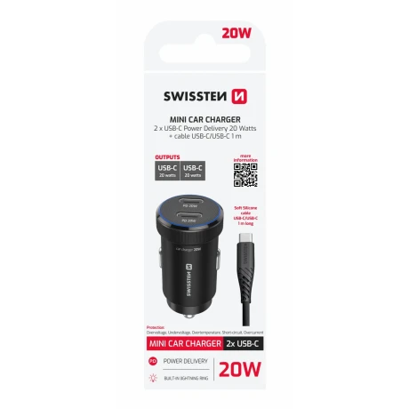 ADAPTOR AUTO SWISSTEN 2x USB-C PD, 20W NEGRU + CABLU USB-C / USB-C, 1 M