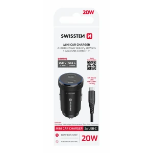 ADAPTOR AUTO SWISSTEN 2x USB-C PD, 20W NEGRU + CABLU USB-C / USB-C, 1 M