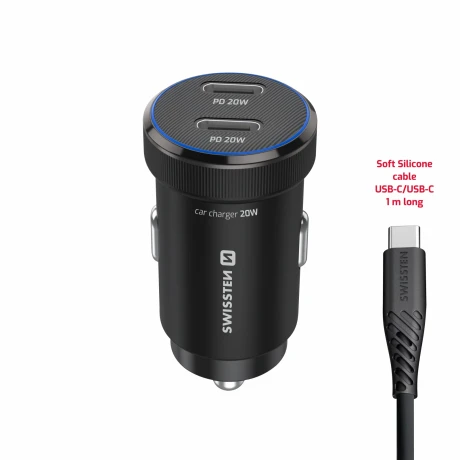 ADAPTOR AUTO SWISSTEN 2x USB-C PD, 20W NEGRU + CABLU USB-C / USB-C, 1 M