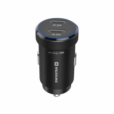 ADAPTOR AUTO SWISSTEN 2x USB-C PD, 20W NEGRU + CABLU USB-C / USB-C, 1 M
