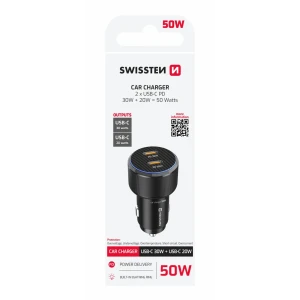 ADAPTOR AUTO SWISSTEN 2x USB-C PD, 50W NEGRU