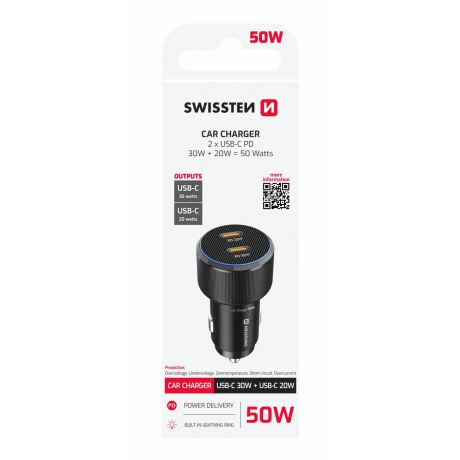 ADAPTOR AUTO SWISSTEN 2x USB-C PD, 50W NEGRU