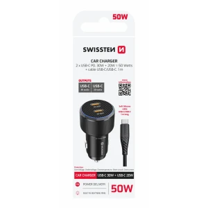 ADAPTOR AUTO SWISSTEN 2x USB-C PD, 50W NEGRU + CABLU USB-C / USB-C, 1 M