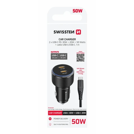 ADAPTOR AUTO SWISSTEN 2x USB-C PD, 50W NEGRU + CABLU USB-C / USB-C, 1 M