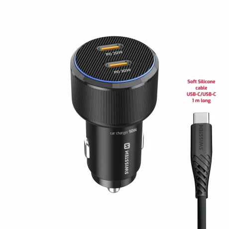 ADAPTOR AUTO SWISSTEN 2x USB-C PD, 50W NEGRU + CABLU USB-C / USB-C, 1 M