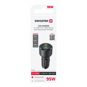 ADAPTOR AUTO SWISSTEN 2x USB-C PD + USB-A, 95W NEGRU