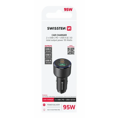 ADAPTOR AUTO SWISSTEN 2x USB-C PD + USB-A, 95W NEGRU