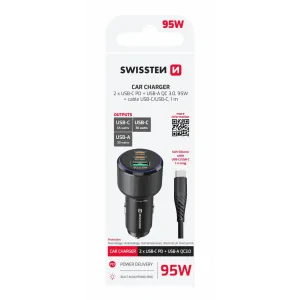 ADAPTOR AUTO SWISSTEN 2x USB-C PD + USB-A, 95W NEGRU + CABLU USB-C / USB-C, 1 M