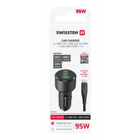 ADAPTOR AUTO SWISSTEN 2x USB-C PD + USB-A, 95W NEGRU + CABLU USB-C / USB-C, 1 M