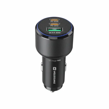 ADAPTOR AUTO SWISSTEN 2x USB-C PD + USB-A, 95W NEGRU + CABLU USB-C / USB-C, 1 M