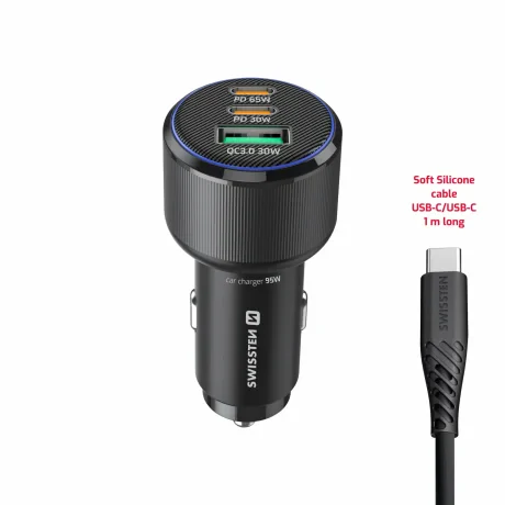 ADAPTOR AUTO SWISSTEN 2x USB-C PD + USB-A, 95W NEGRU + CABLU USB-C / USB-C, 1 M