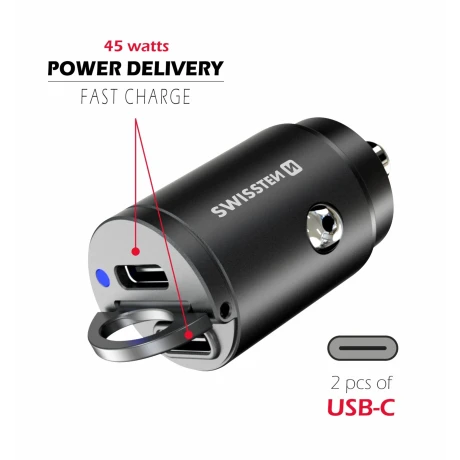 ADAPTOR AUTO SWISSTEN POWER DELIVERY 2x USB-C 45W NANO NEGRU